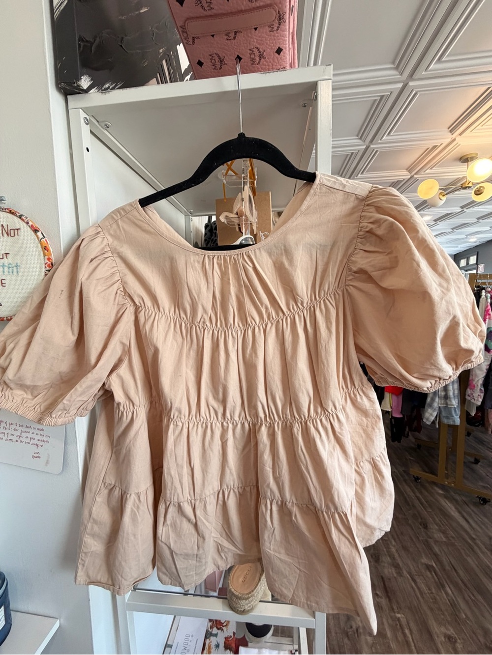Puff-Sleeve Peplum Blouse in Light tan
